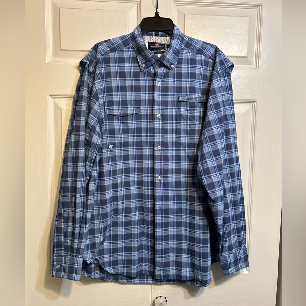 Vineyard Vines Performance Harbor Shirt Mens Size L Large Vented Blue Striped